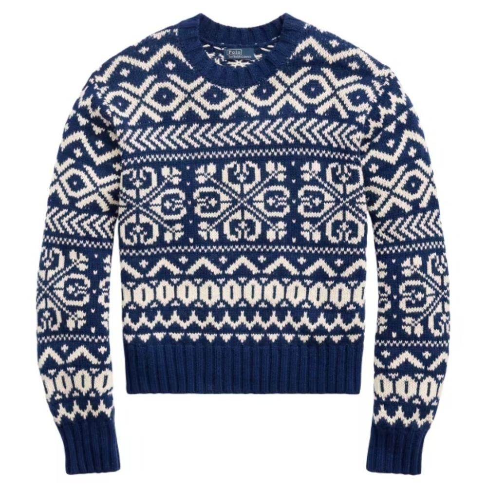 Polo Ralph Lauren Navy Blue Fair Isle Wool Blend Crewneck Sweater LG